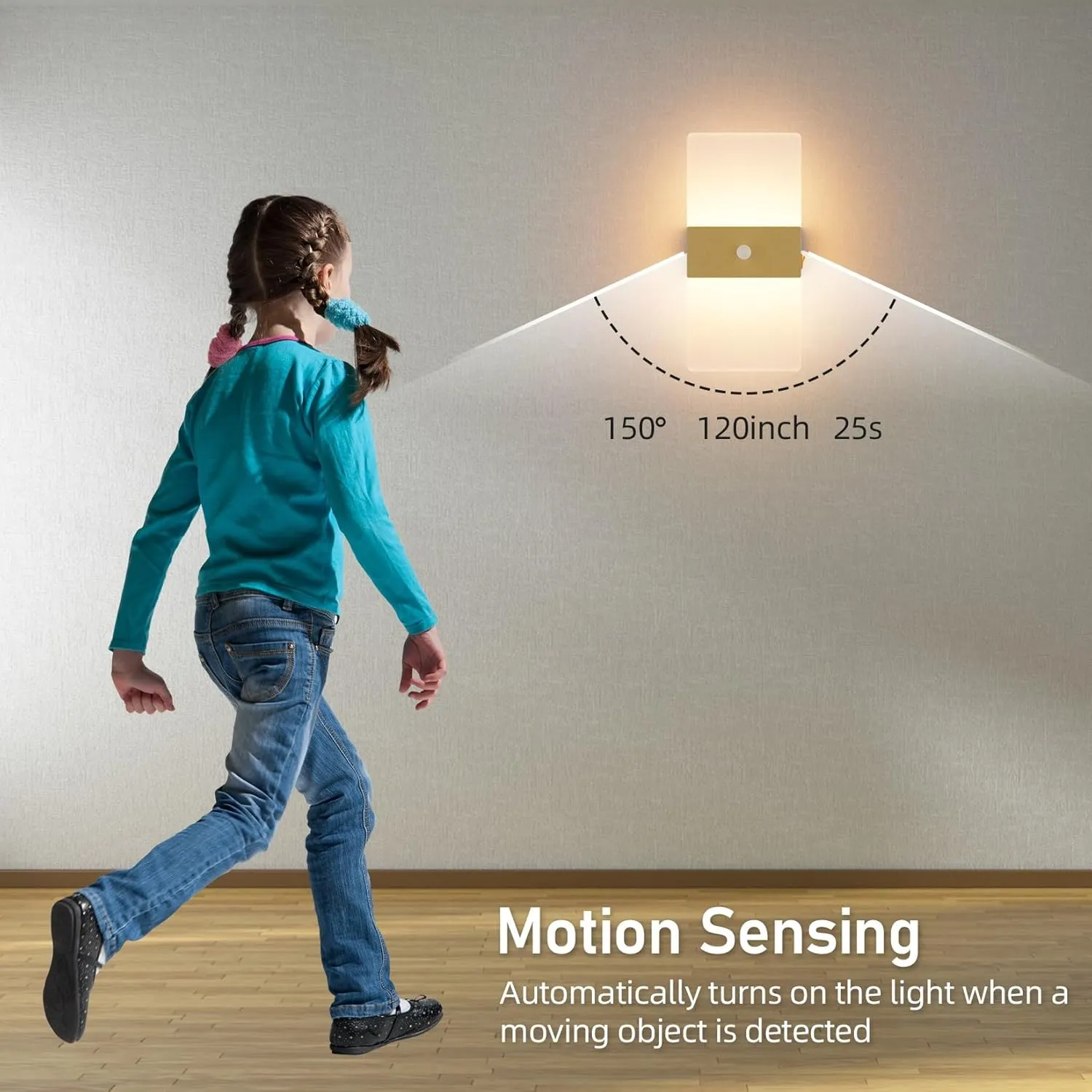 2 Pack Motion Sensor Gold Wall Lights, Morden Cordless Battery Operated LED Wall Lantern, Warm Light Wireless Decorative Gold Wall Sconces for Bedroom Living Room Hallway Garden Garage