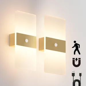2 Pack Motion Sensor Gold Wall Lights, Morden Cordless Battery Operated LED Wall Lantern, Warm Light Wireless Decorative Gold Wall Sconces for Bedroom Living Room Hallway Garden Garage