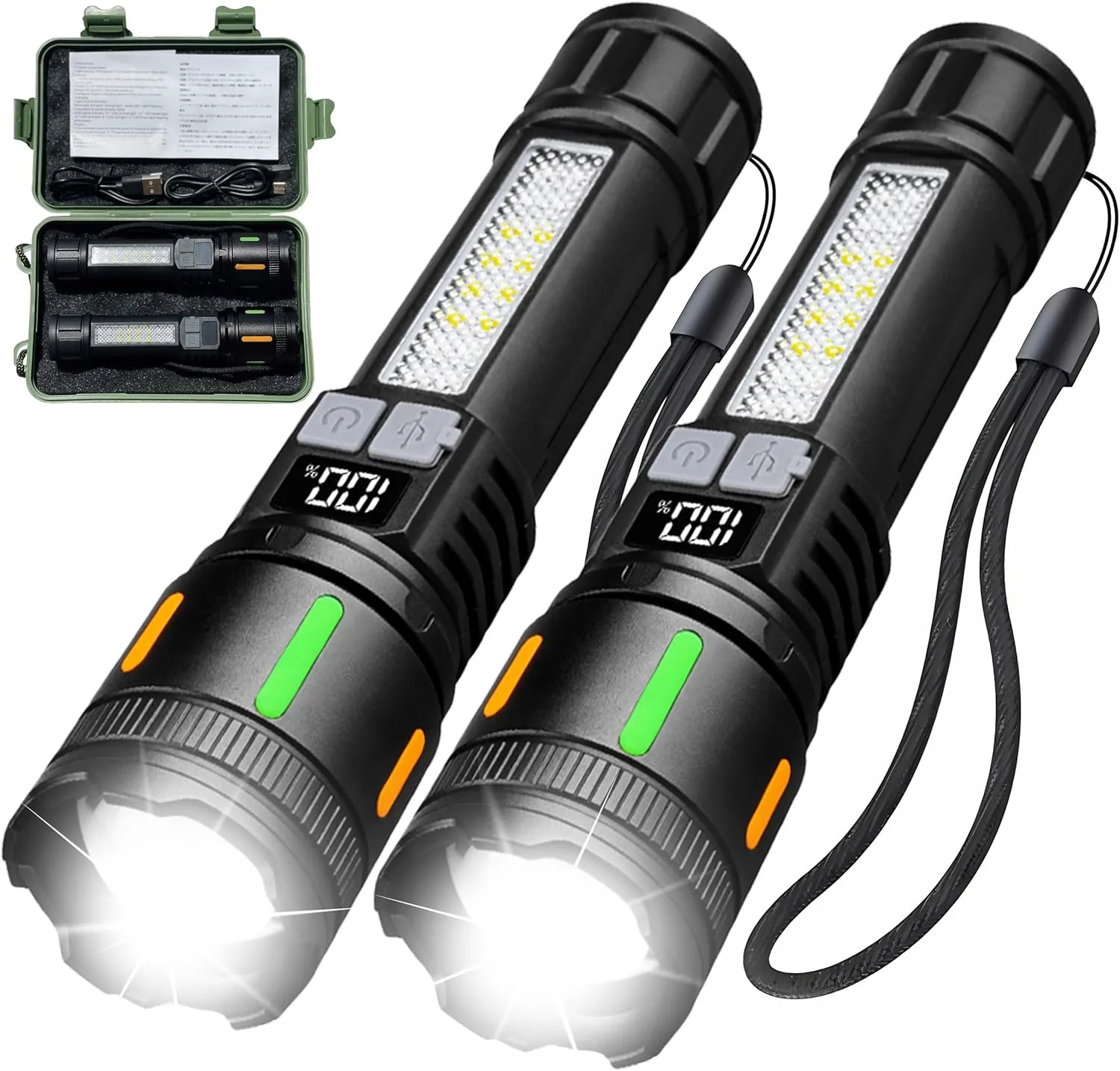 2 Pack Rechargeable High Lumens Flashlights,Waterproof Handheld Powerful Flash Light Set,5 Modes Super Bright Flashlight with COB Light,Flashlights for Emergencies,Home,Camping,Outdoor