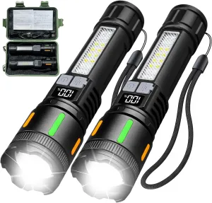 2 Pack Rechargeable High Lumens Flashlights,Waterproof Handheld Powerful Flash Light Set,5 Modes Super Bright Flashlight with COB Light,Flashlights for Emergencies,Home,Camping,Outdoor