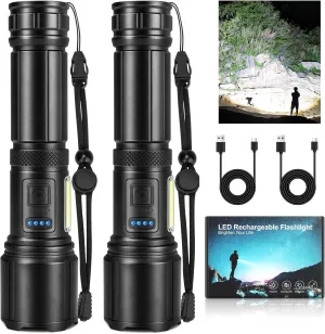 2 Pack Rechargeable LED Flashlights High Lumens, 3000LM Super Bright Flashlight, Adjustable Powerful Flash Light with COB Light & 7 Modes, Waterproof Handheld Flashlight for Home Camping Hunting