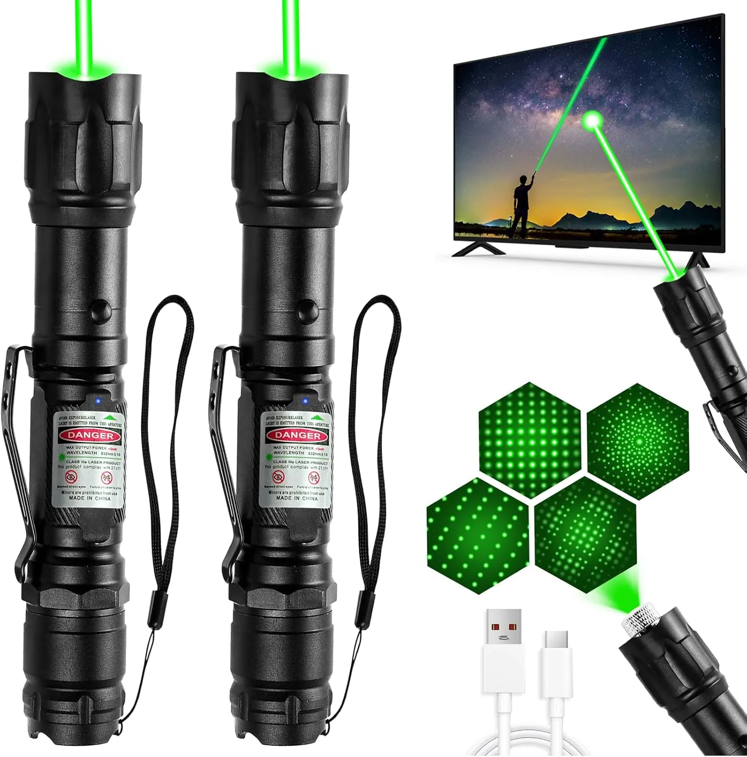 [2 Packs] Professional Rechargeable Green Light Beam Flashlight Long Distance Range for TV/LED/LCD Screens Tactical Flashlights Presentation Office/Outdoors/Astronomic/Construction [004](2)