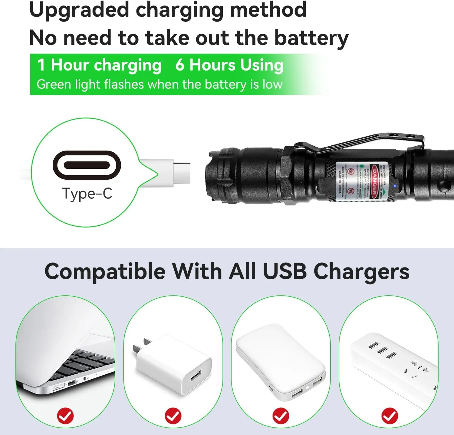 [2 Packs] Professional Rechargeable Green Light Beam Flashlight Long Distance Range for TV/LED/LCD Screens Tactical Flashlights Presentation Office/Outdoors/Astronomic/Construction [004](2)