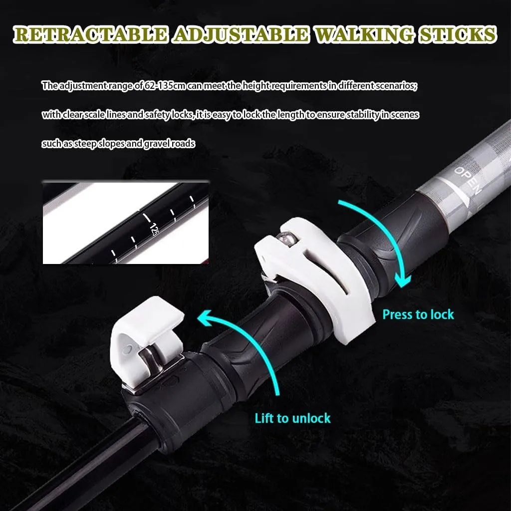 2 Pcs Adjustable Trekking Poles, Ultra Light Backpacking Walking Stick, with Safety Outer Lock, for Seniors, Men, and Women