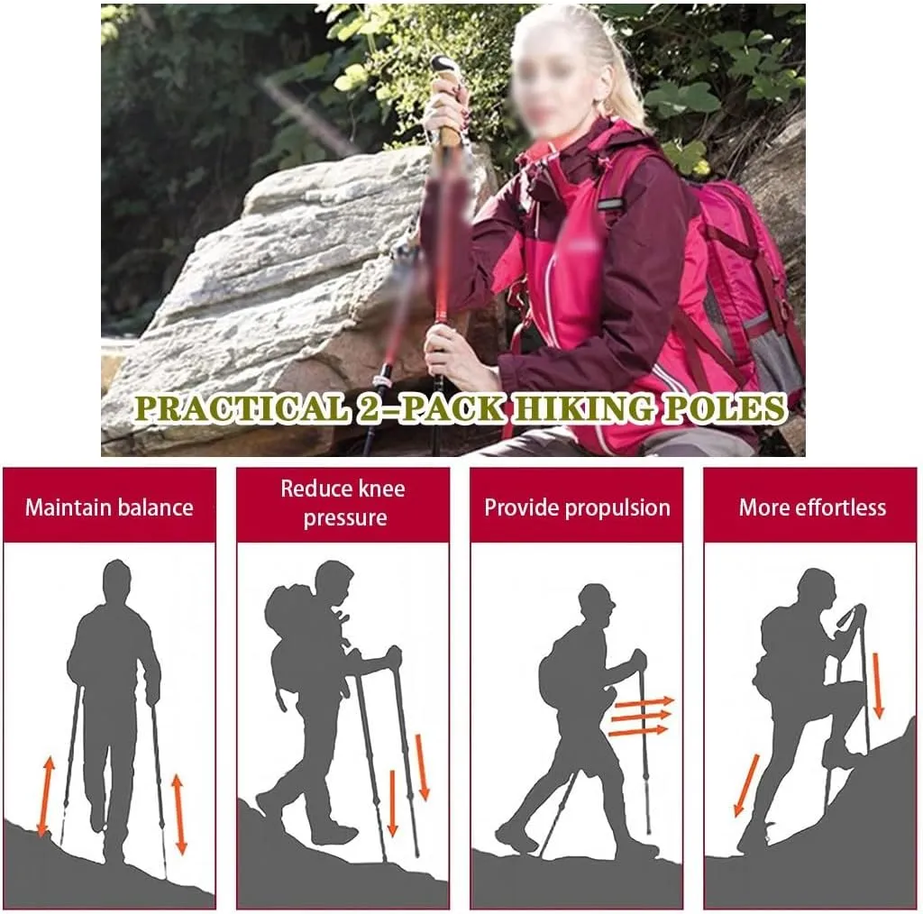 2 Pcs Adjustable Trekking Poles, Ultra Light Backpacking Walking Stick, with Safety Outer Lock, for Seniors, Men, and Women
