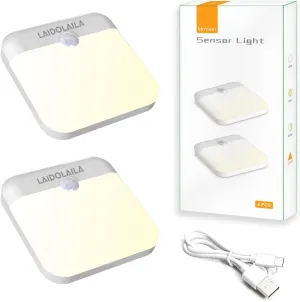 2 Pcs Magetic Night Light Motion Sensor Cruise Ship Approved with USB Cable LED Rechargeable Battery for Indoor Use in Bathroom Hallway Cabin Toilet Bed Stair Automatic Motion for Travel