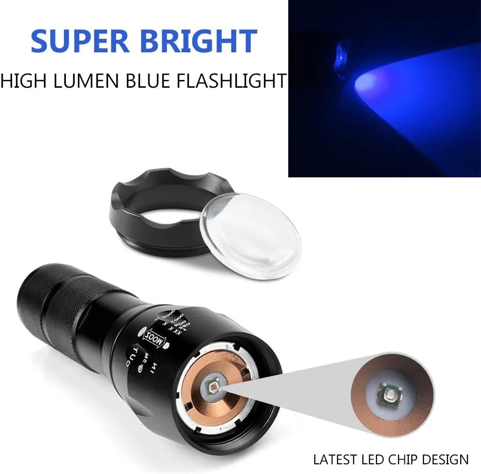2 Pcs Powerful Blue Light Flashlight Single Mode Long Range LED Blue Flashlight for Night Fishing Hunting