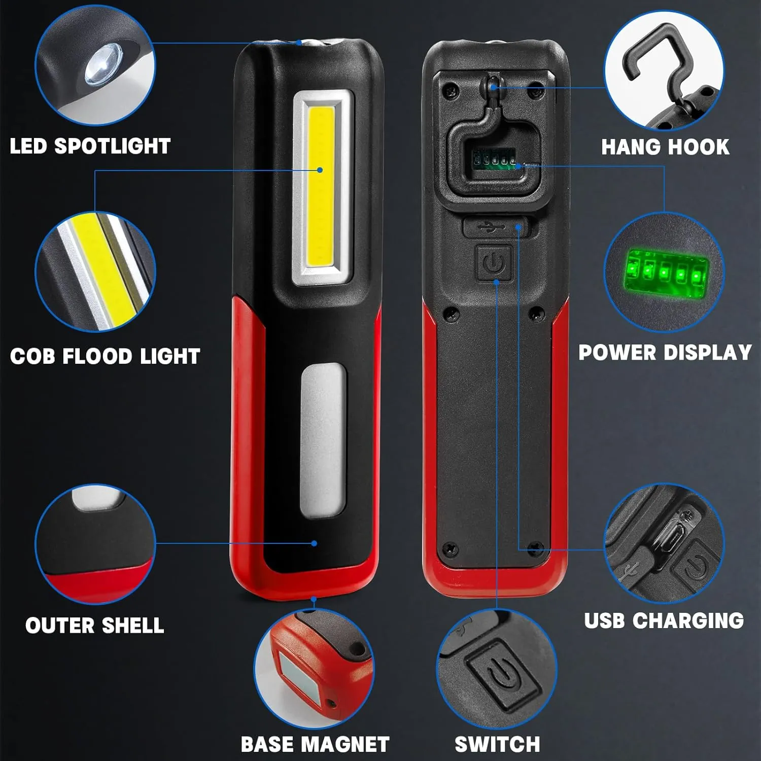 2 PCS Rechargeable LED Work Light with Magnetic Base Portable Task Inspection LED Work Light is Small and Reliable and Super Bright, for Tool Gifts for Men(Red)
