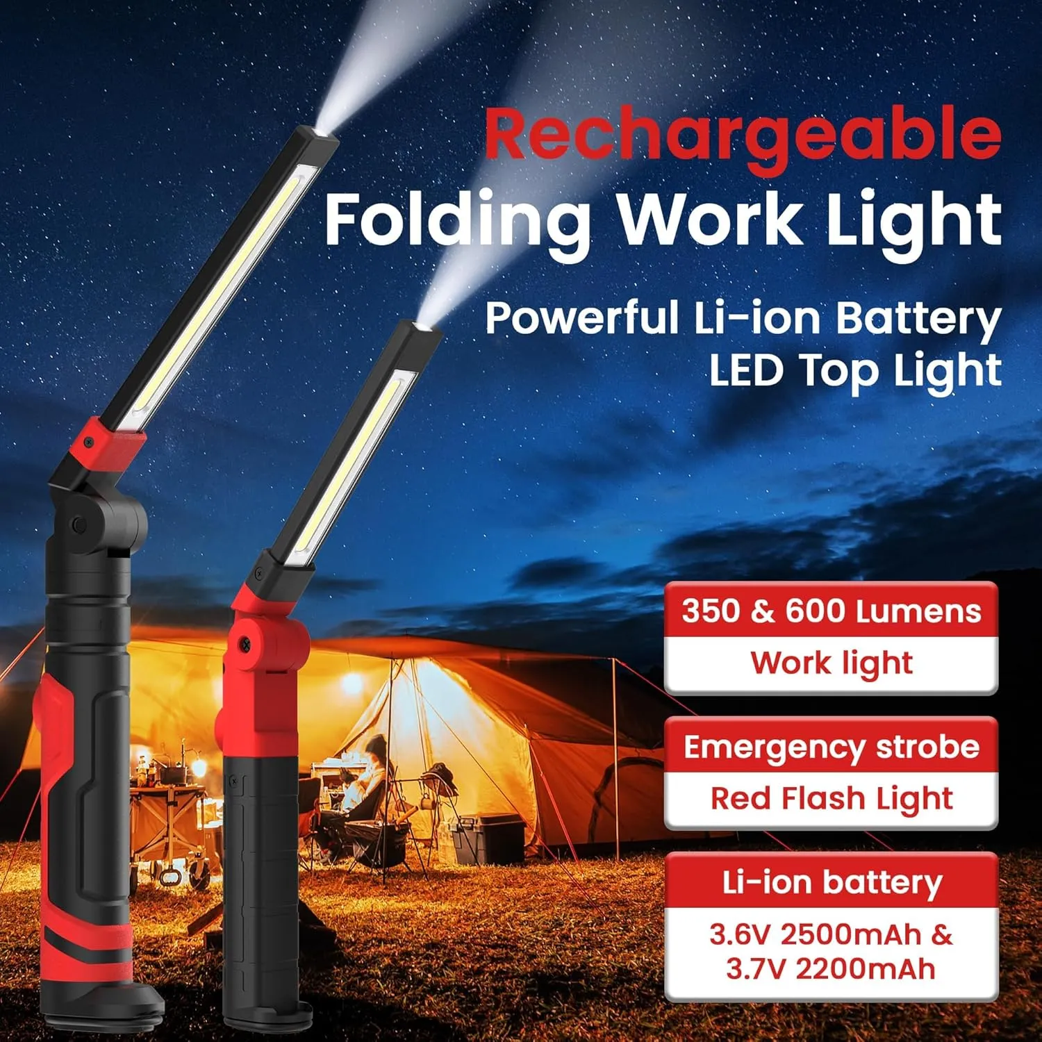 2 Pcs Rechargeable Work Light - Foldable Magnetic Led Outdoor Flashlight with 3 Lighting Modes Mechanic Light for Car Repairing/Emergency