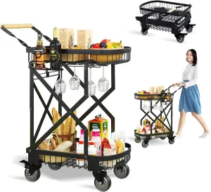 2-Tier Foldable Shopping Cart for Groceries, Collapsible Cart with 360° Rolling Swivel Wheels, Heavy Duty Multi Function Folding Utility Cart for Camping Gear, Traveling, Laundry, Garden, Pantry