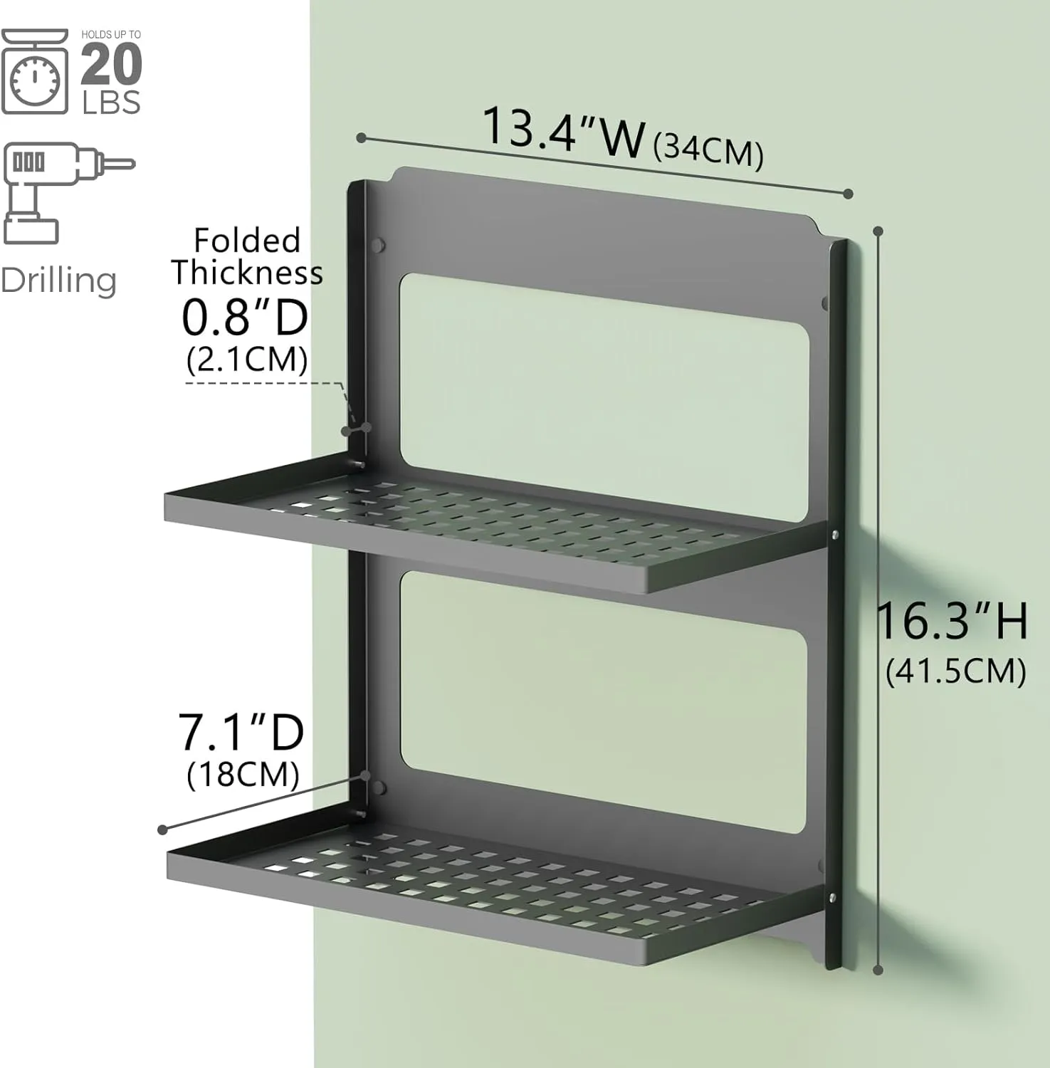 2-Tier Folding Metal Shelf Wall Mounted | Small Foldable Wall Shelf | Dorp Down | Combined Stackable | Double Layer Small Floating Shelf for Laundry Room Bathroom Utility RV | 13.4" (Black)