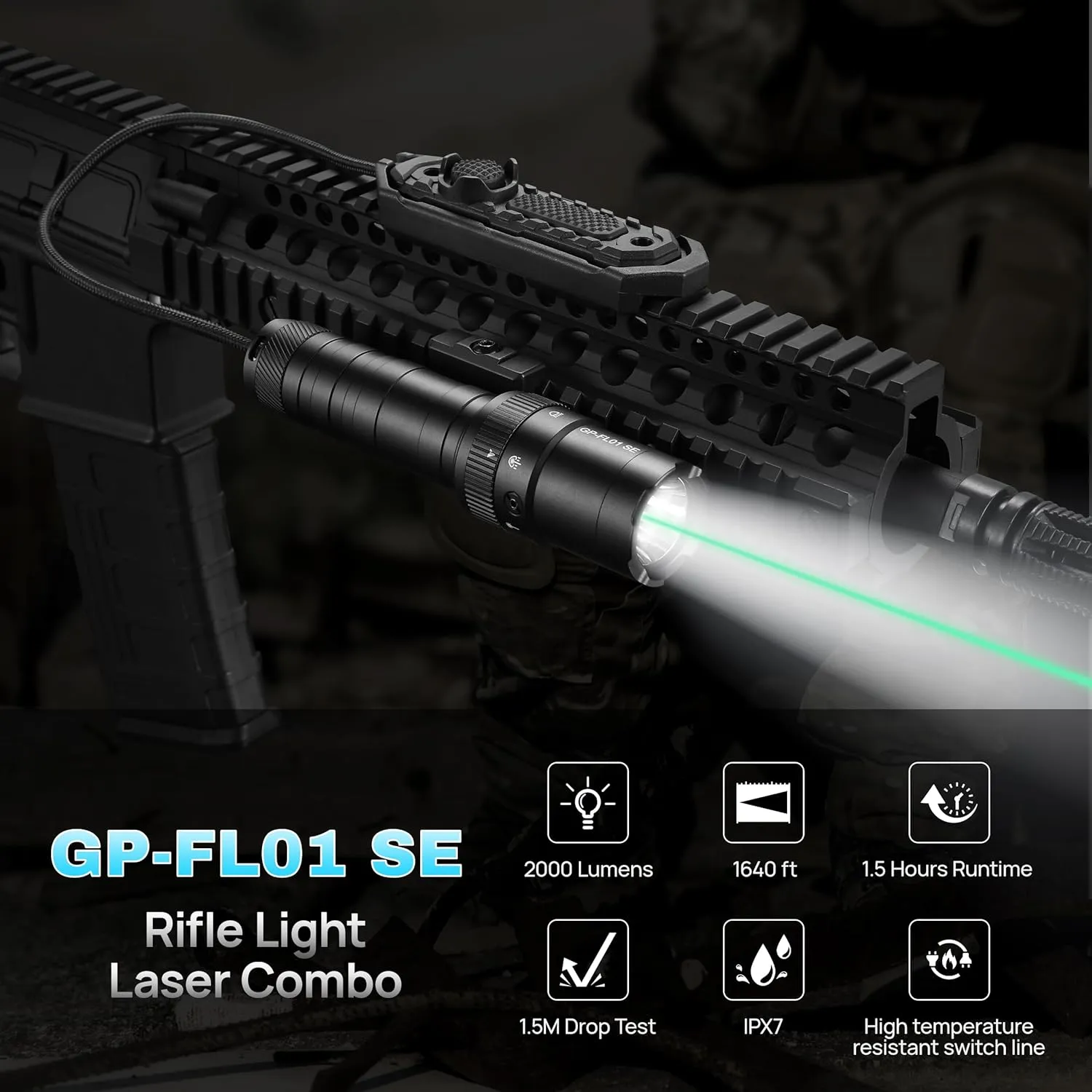 2000 Lumen Tactical Flashlight, Aircraft Aluminum LED Weapon Light, Long Runtime 90 Minutes Picatinny Laser Light, Rifle Flashlight with Momentary Strobe Function, Long Gun Light with Remote Switch