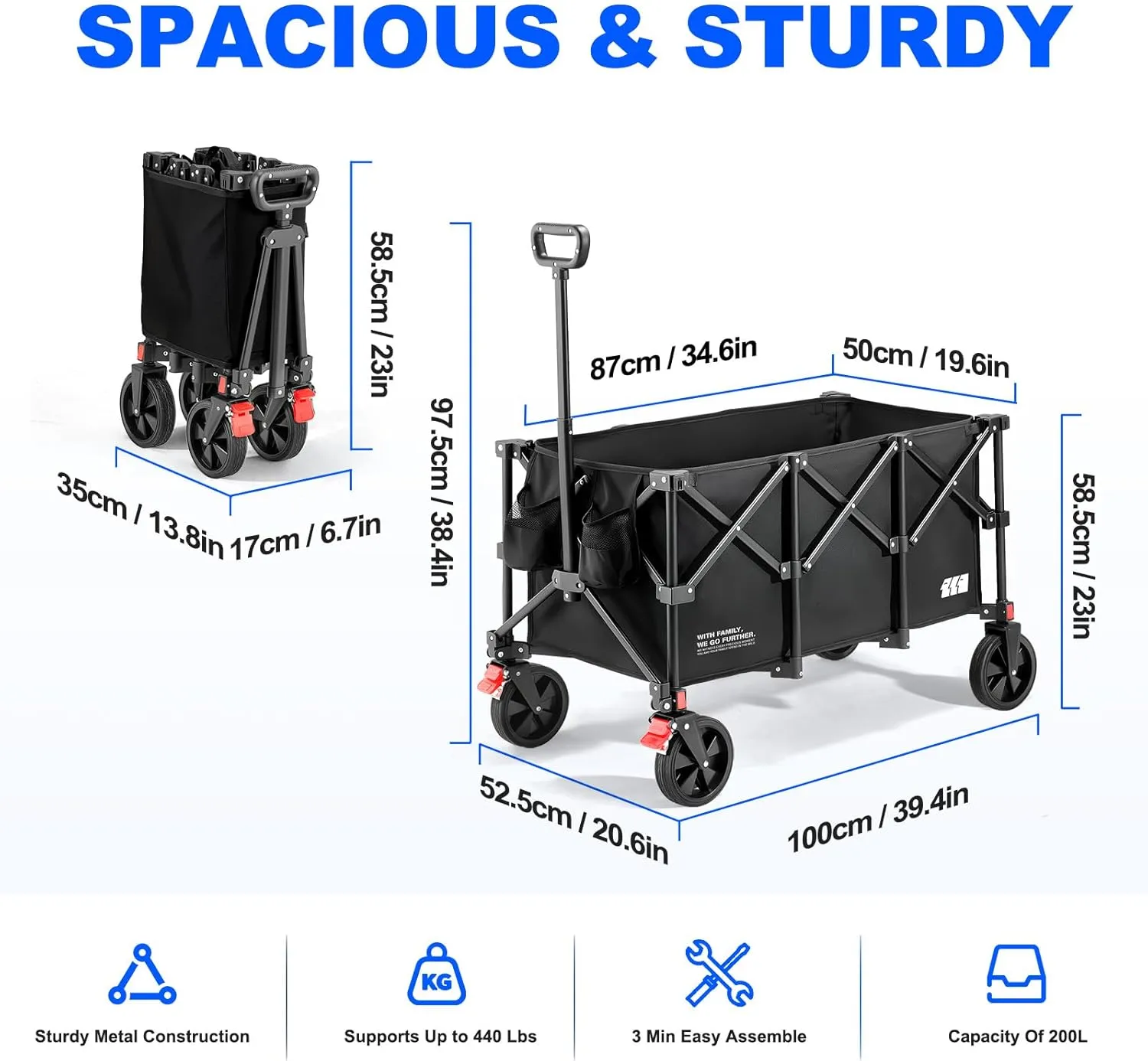 200L Collapsible Foldable Wagon, Large Heavy Duty Wagon Cart with 440lbs Weight Capacity, Folding Utility Wagon with Brake for Camping, Garden, Sports, Picnic, Shopping (Black)