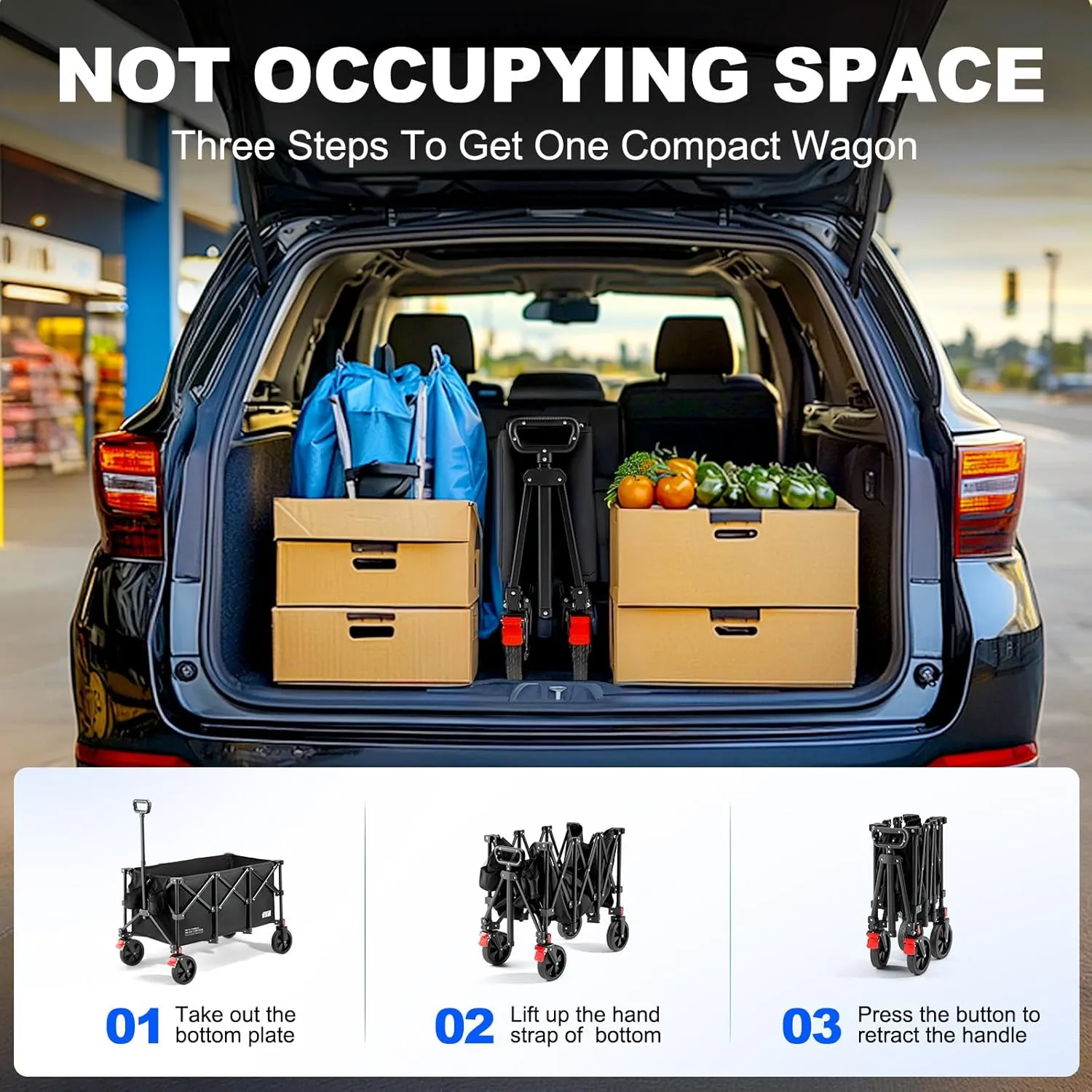 200L Collapsible Foldable Wagon, Large Heavy Duty Wagon Cart with 440lbs Weight Capacity, Folding Utility Wagon with Brake for Camping, Garden, Sports, Picnic, Shopping (Black)