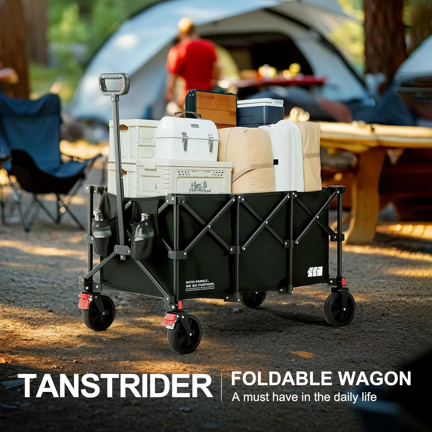 200L Collapsible Foldable Wagon, Large Heavy Duty Wagon Cart with 440lbs Weight Capacity, Folding Utility Wagon with Brake for Camping, Garden, Sports, Picnic, Shopping (Black)