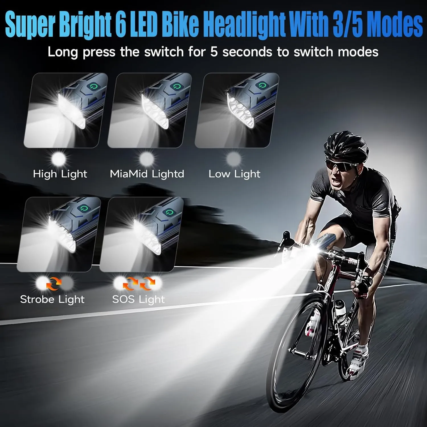2025 New Super Bright Bike Lights for Night Riding,Aluminum 360°Rotatable 6 LED Bike Headlight,Bicycle Light Taillight-10 Modes,Runtime 48  hrs,Waterproof Safety Light USB Rechargeable