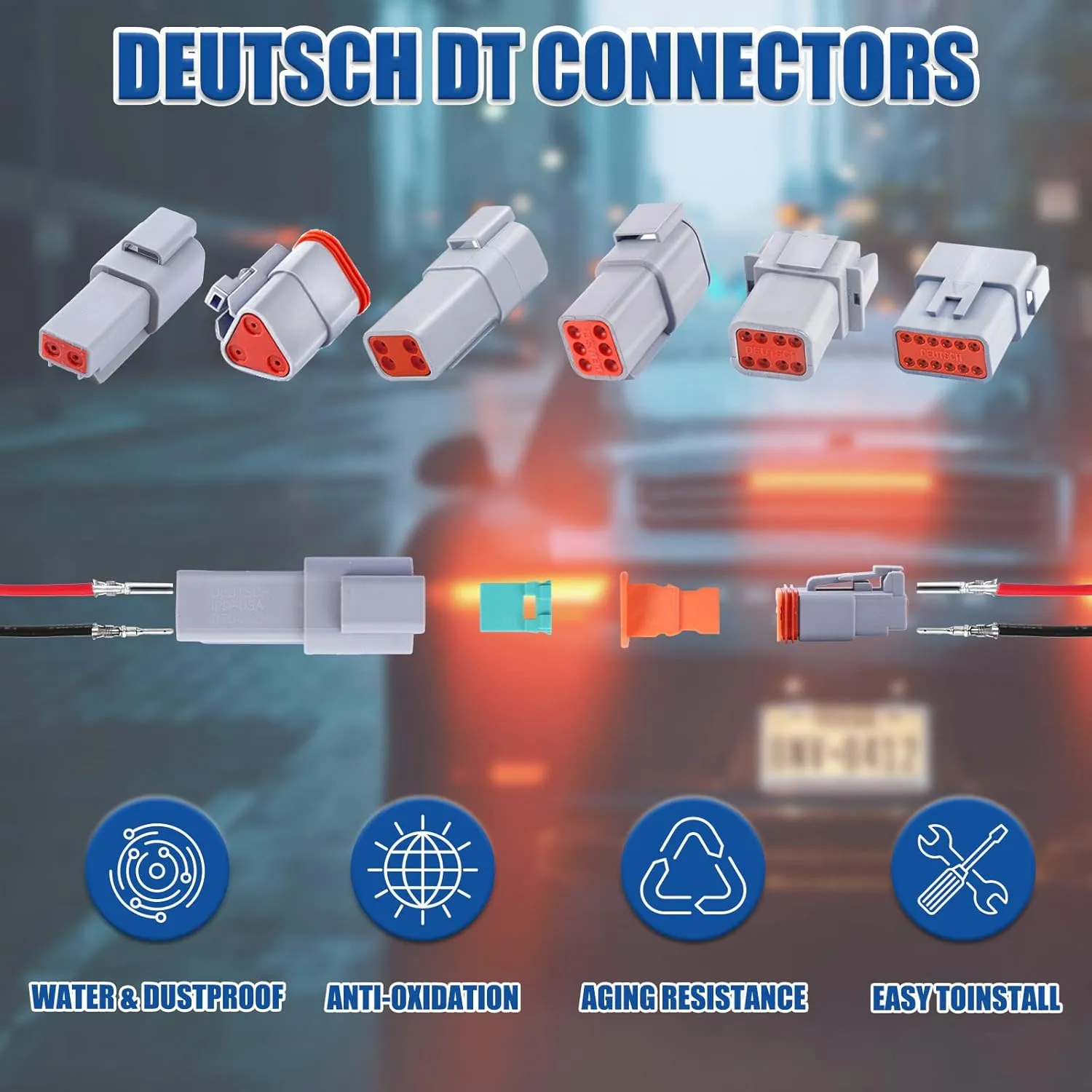 206PCS 8 Pin Way Deutsch DT Gray Connector 10 Set，Size 16 Solid Contacts Waterproof Electrical Wire Connector with Seal Plug for Truck, Off-Road Vehicles, Marine, Motorcycle Wiring