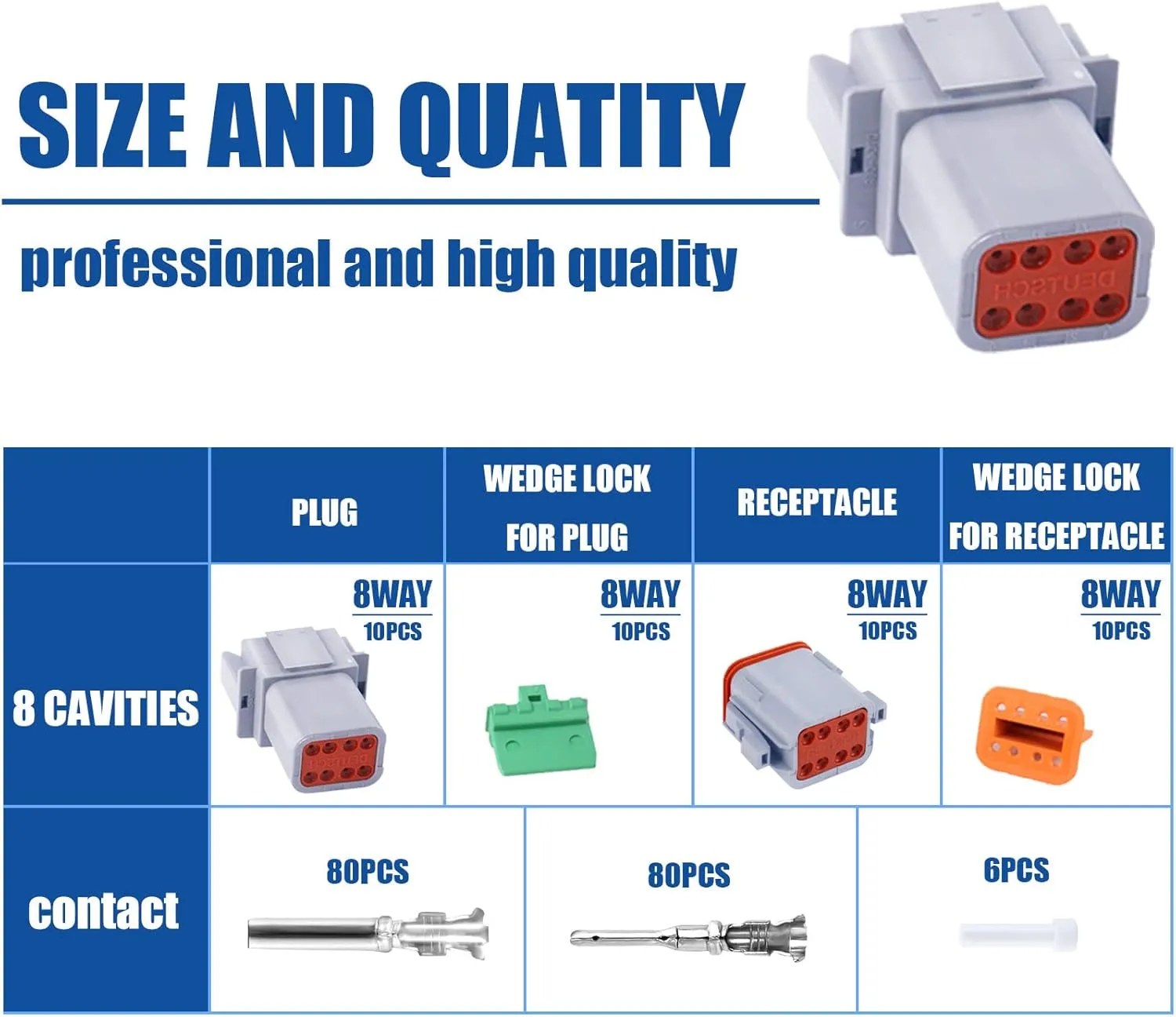 206PCS 8 Pin Way Deutsch DT Gray Connector 10 Set，Size 16 Solid Contacts Waterproof Electrical Wire Connector with Seal Plug for Truck, Off-Road Vehicles, Marine, Motorcycle Wiring