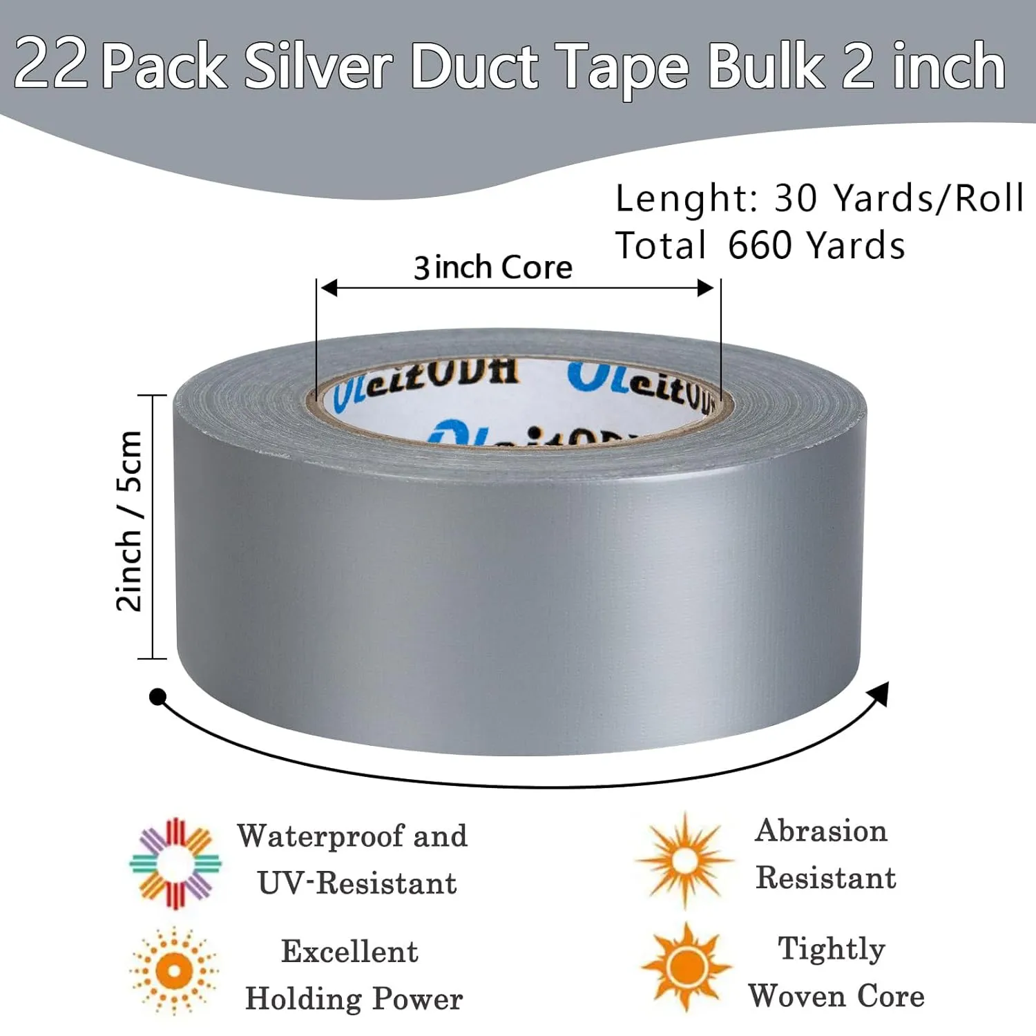 22 Pack Silver Duct Tape Bulk, 2 inch X 660 Yards, Heavy Duty Waterproof, Strong No Residue All-Weather Duct Tape, Tear by Hand, Multi-Use for Indoor & Outdoor Repairs, Industrial, Professional Use