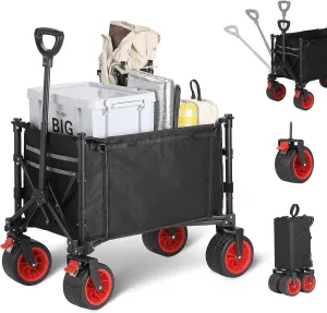 220 Lbs Collapsible Wagon with Adjustable Handle, Heavy-Duty Folding Cart with All-Terrain Wheels, Side Bag, Cup Holders for Shopping, Beach, Camping, Garden, Black