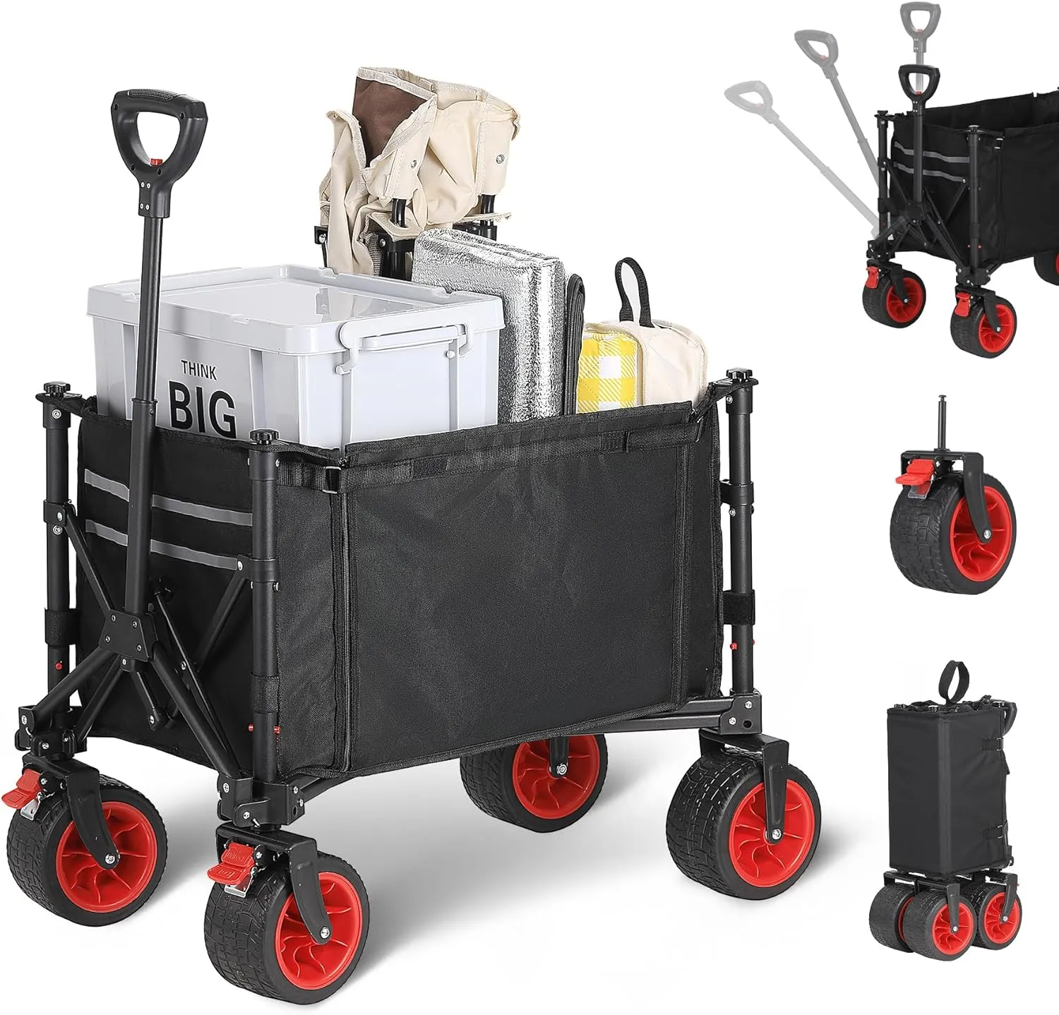 220 Lbs Collapsible Wagon with Adjustable Handle, Heavy-Duty Folding Cart with All-Terrain Wheels, Side Bag, Cup Holders for Shopping, Beach, Camping, Garden, Black