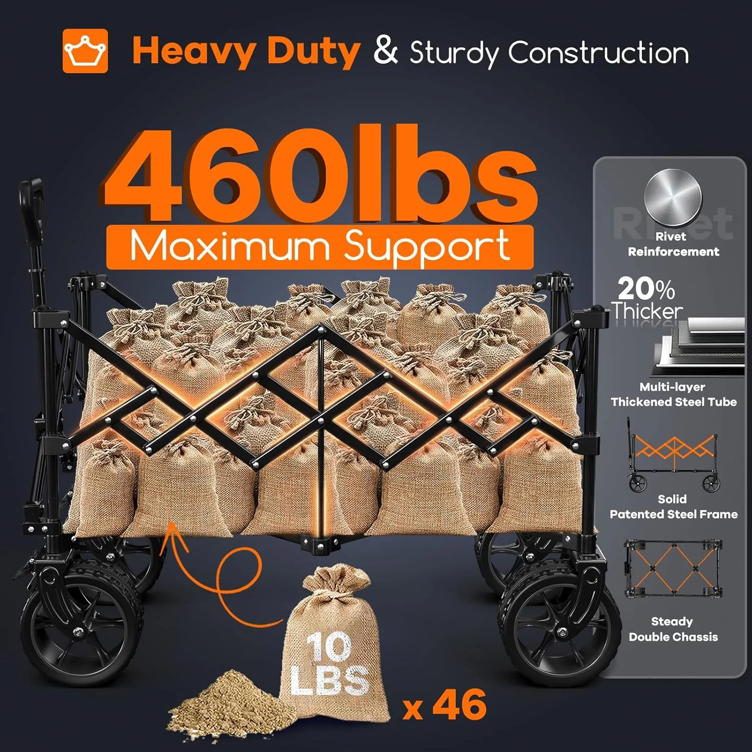 220L Collapsible Wagon Cart Foldable, 460LB Load Capacity Heavy Duty Folding Beach Wagons with Big All-Terrain Wheels, Utility Carts for Groceries, Shopping, Camping, Sports - Grey&Blue