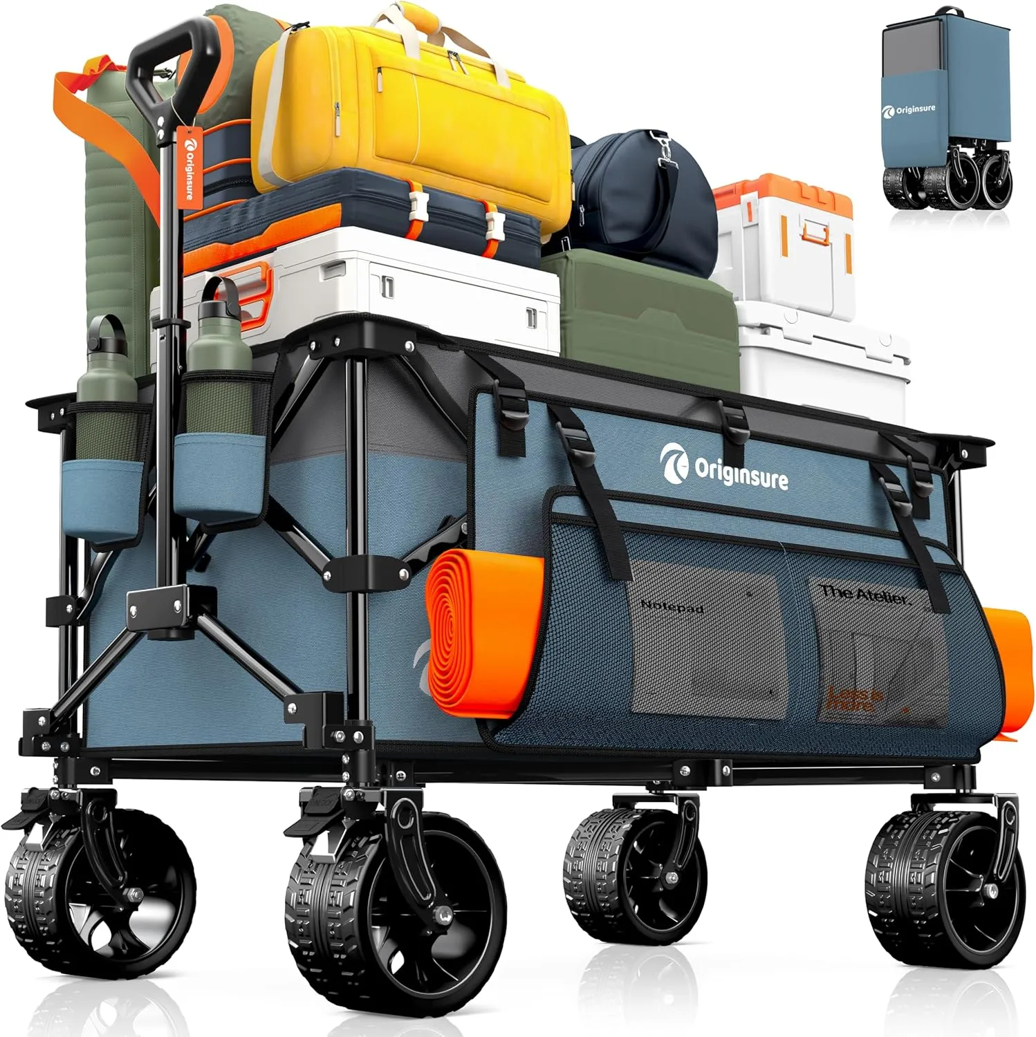 220L Collapsible Wagon Cart Foldable, 460LB Load Capacity Heavy Duty Folding Beach Wagons with Big All-Terrain Wheels, Utility Carts for Groceries, Shopping, Camping, Sports - Grey&Blue