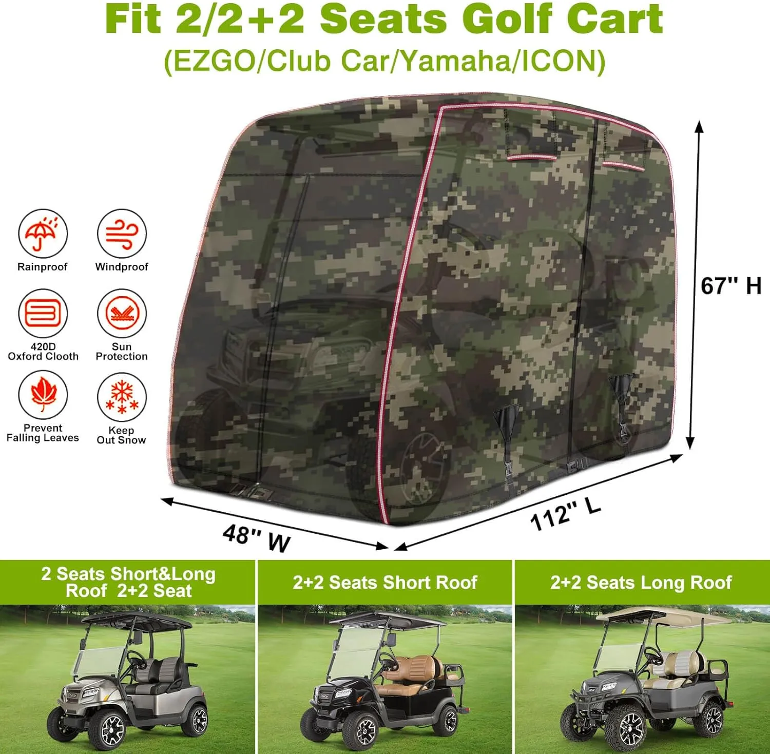 2/4 Passenger Golf Cart Cover Fits EZGO, Club Car, Yamaha Golf Carts with Reflective Strips, All Weather Protection/Waterproof/Snowproof/Windproof/Sunproof/Full Gold Cart Covers