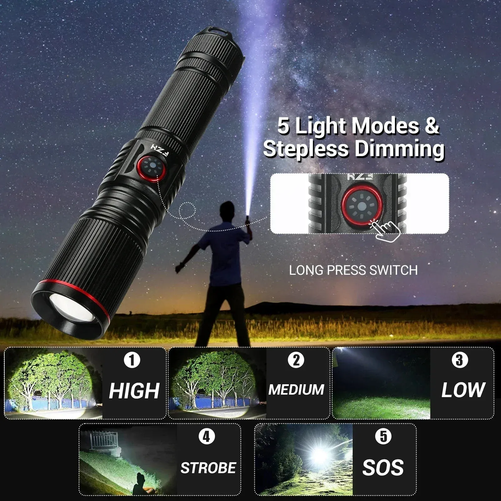 2500m Powerful LED Flashlight 9800lm Super Bright Torch Rechargeable Zoomable 18650 Battery Long Range Camping Lantern