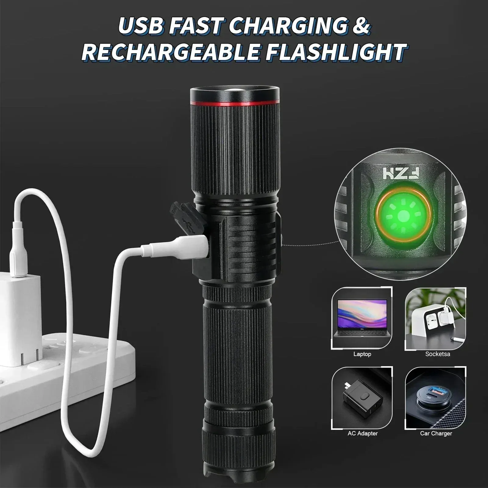 2500m Powerful LED Flashlight 9800lm Super Bright Torch Rechargeable Zoomable 18650 Battery Long Range Camping Lantern
