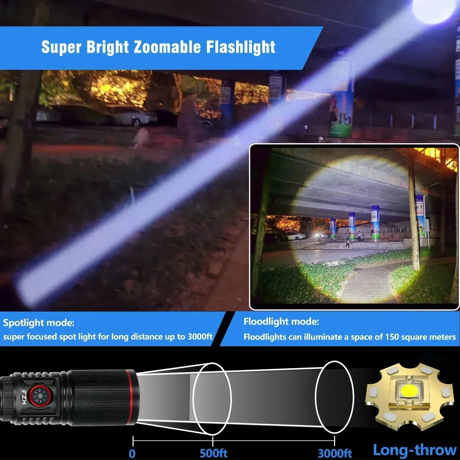 2500m Powerful LED Flashlight 9800lm Super Bright Torch Rechargeable Zoomable 18650 Battery Long Range Camping Lantern