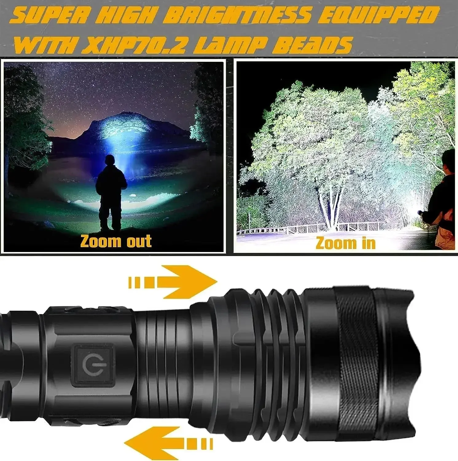 2500m Powerful LED Flashlight 9800lm Super Bright Torch Rechargeable Zoomable 18650 Battery Long Range Camping Lantern