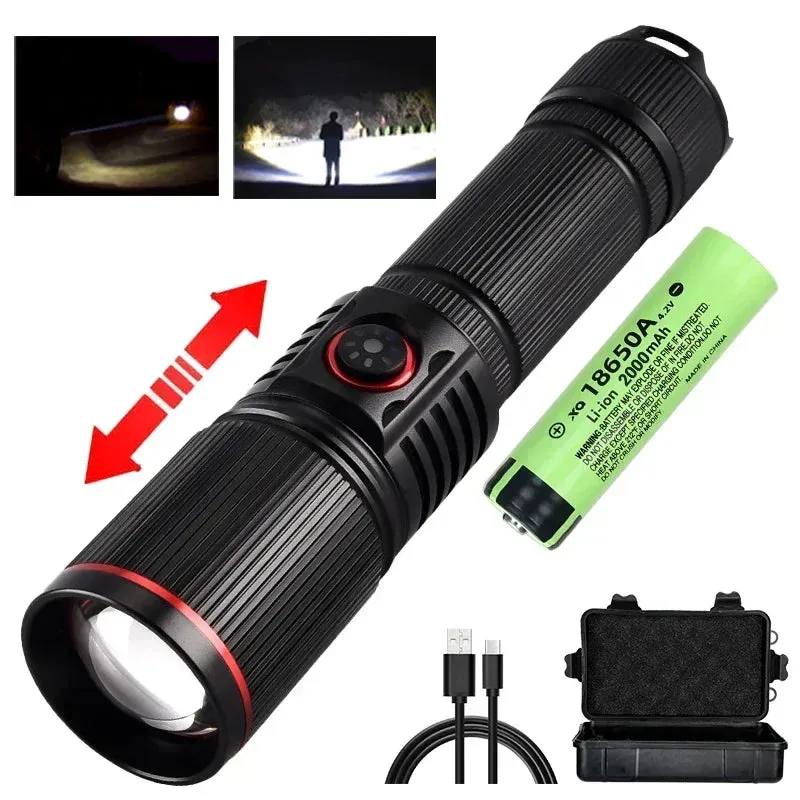 2500m Powerful LED Flashlight 9800lm Super Bright Torch Rechargeable Zoomable 18650 Battery Long Range Camping Lantern