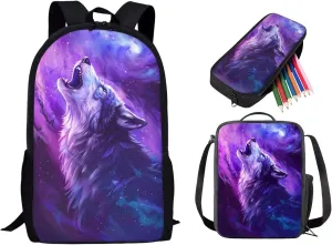 3 in 1 Backpack Set with Lunch Box and Pencil Pouch, Wolf Galaxy Printed School Bookbag for Boys Girls, 17 Inch Lightweight Schoolbag Set for Junior High Elementary