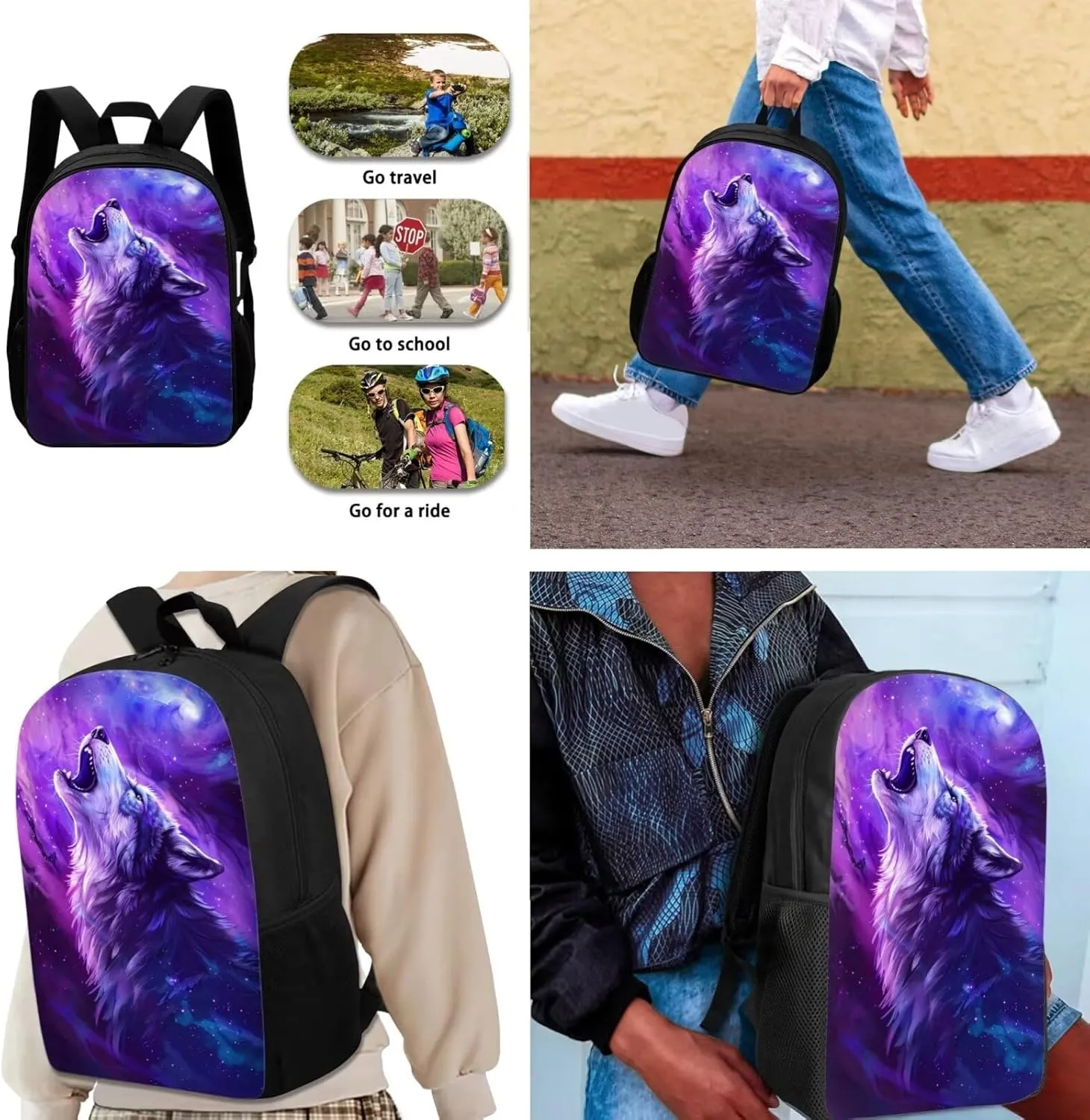 3 in 1 Backpack Set with Lunch Box and Pencil Pouch, Wolf Galaxy Printed School Bookbag for Boys Girls, 17 Inch Lightweight Schoolbag Set for Junior High Elementary