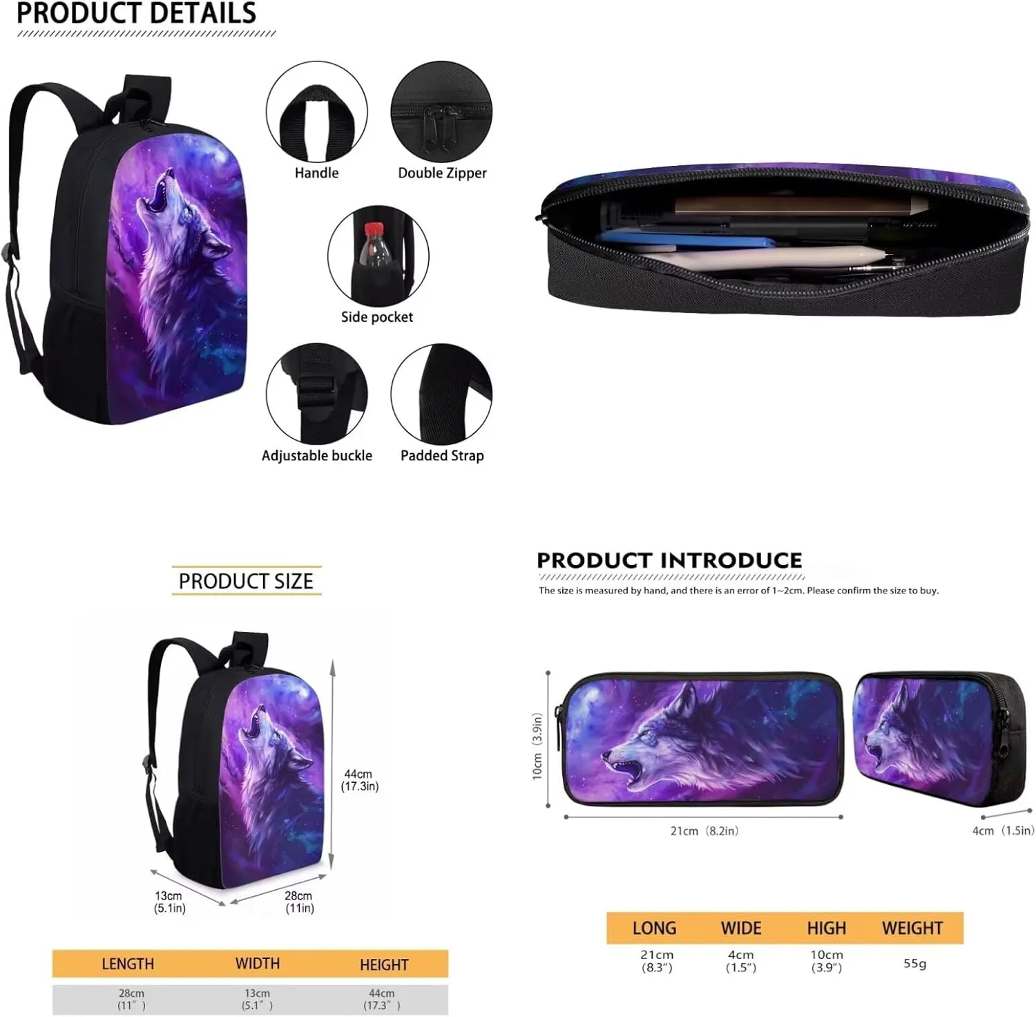 3 in 1 Backpack Set with Lunch Box and Pencil Pouch, Wolf Galaxy Printed School Bookbag for Boys Girls, 17 Inch Lightweight Schoolbag Set for Junior High Elementary