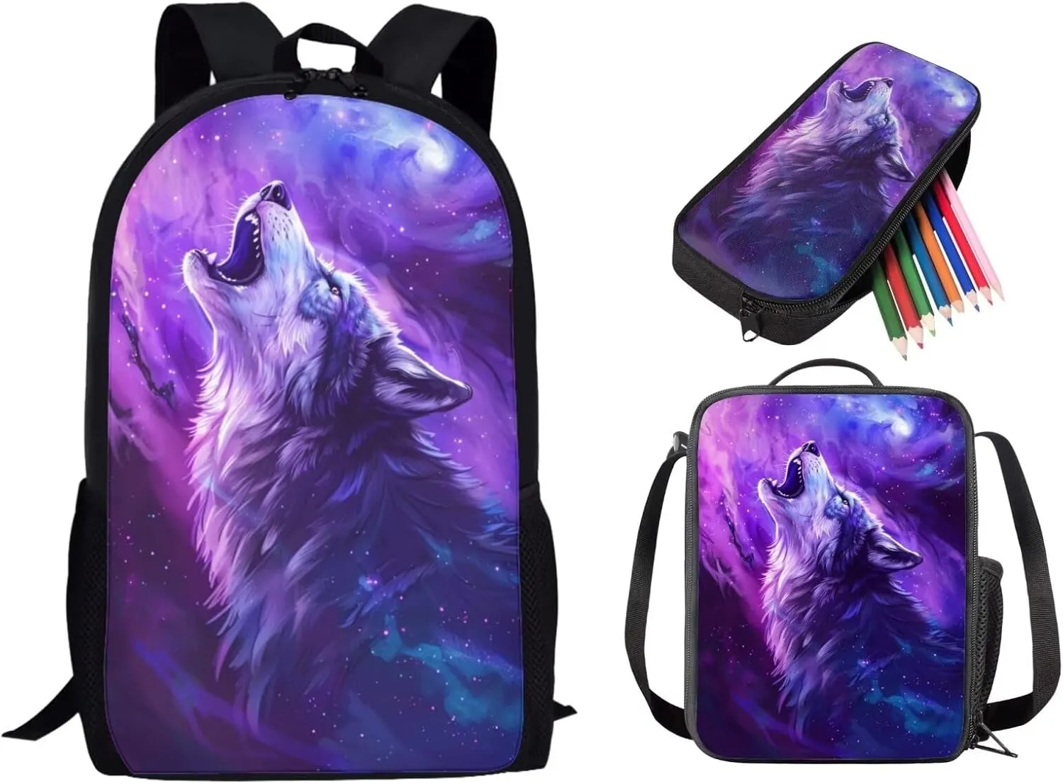 3 in 1 Backpack Set with Lunch Box and Pencil Pouch, Wolf Galaxy Printed School Bookbag for Boys Girls, 17 Inch Lightweight Schoolbag Set for Junior High Elementary