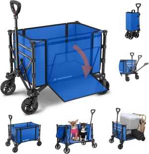3 in 1 Collapsible Wagon Converts to Bench, 220lbs Foldable Wagon Cart with Wheels, 120L Shopping Cart for Groceries Folding Utility Wagon for Beach, Garden, Camping, Sport, Wheelbarrows, Light Blue