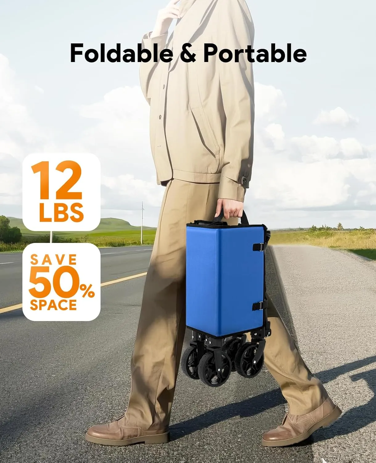 3 in 1 Collapsible Wagon Converts to Bench, 220lbs Foldable Wagon Cart with Wheels, 120L Shopping Cart for Groceries Folding Utility Wagon for Beach, Garden, Camping, Sport, Wheelbarrows, Light Blue
