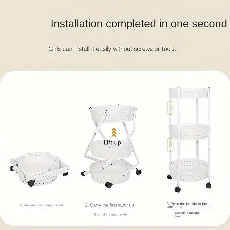 3 Layer Kitchen Trolley, Rolling Utility Cart, Foldable Kitchen Storage Rack