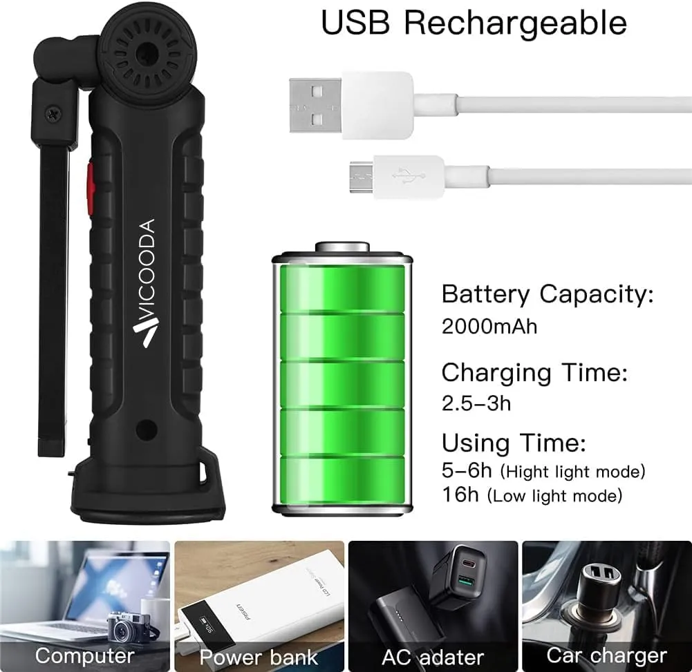 3 Pack Flashlights, LED Work Light, Work Light with Magnetic Base and Hanging Hook, 360°Rotate 5 Modes Rechargeable Work Light for Car Engines Repair, Emergency and All Tight Spots (3 Pack)