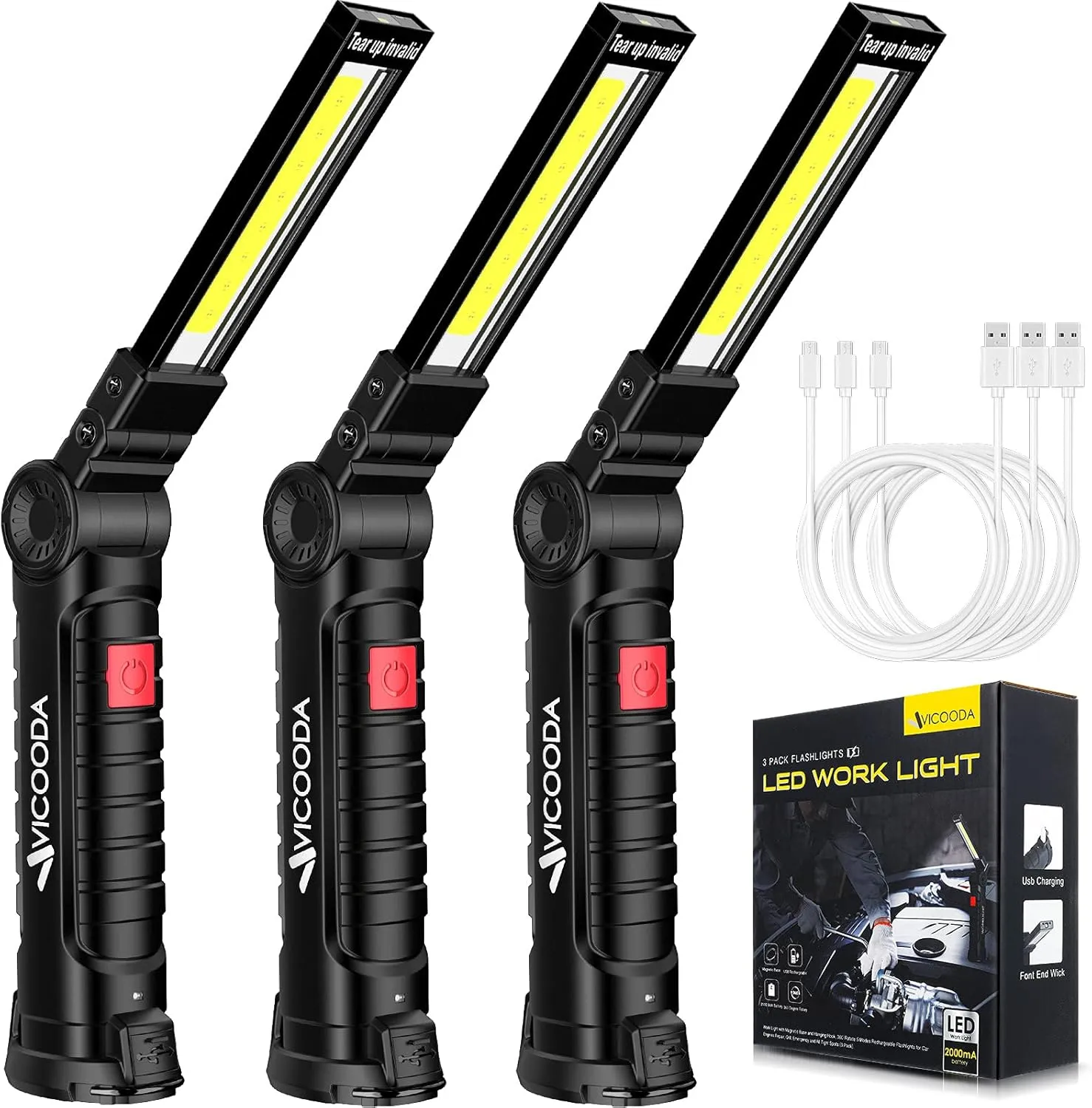3 Pack Flashlights, LED Work Light, Work Light with Magnetic Base and Hanging Hook, 360°Rotate 5 Modes Rechargeable Work Light for Car Engines Repair, Emergency and All Tight Spots (3 Pack)