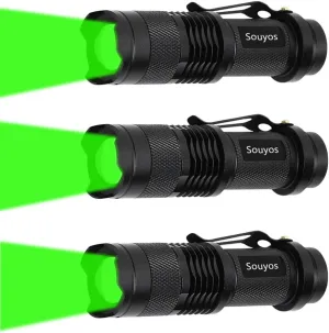 3 Pack Green LED Flashlight,Zoomable Green Light Flashlight with Clip, 3 Light Modes Green Flashlight for Hunting,Night Vision
