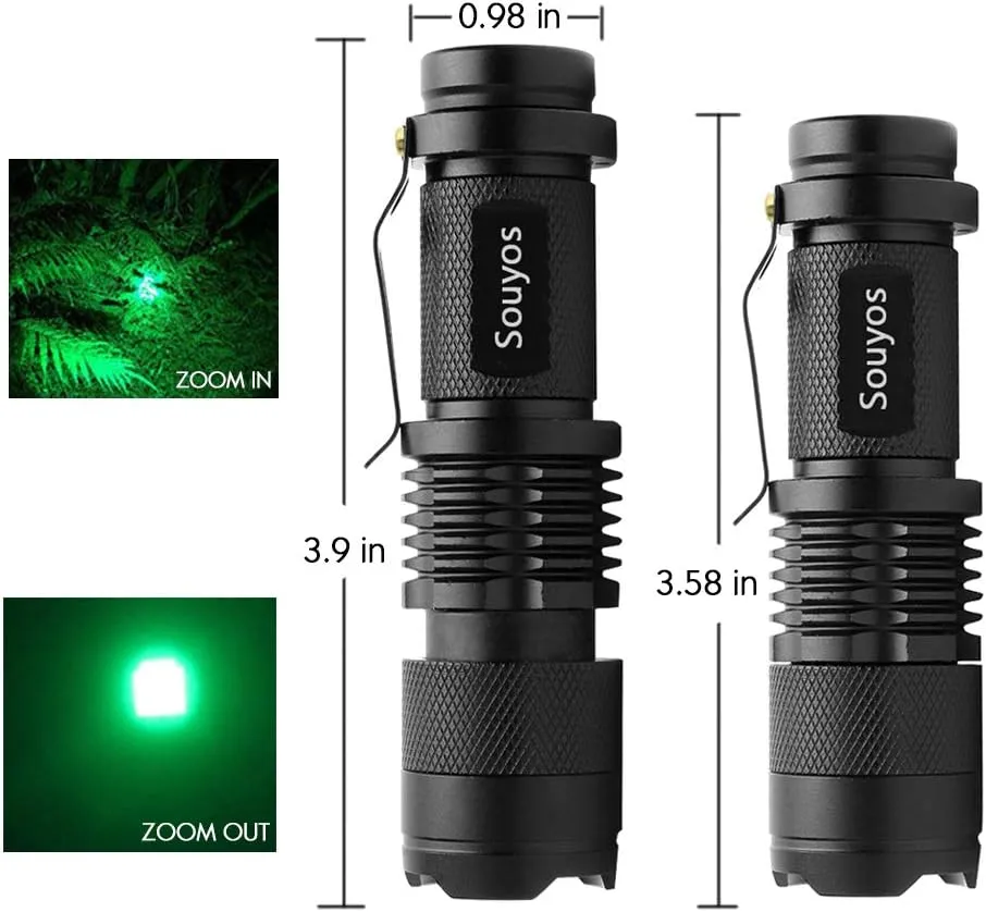 3 Pack Green LED Flashlight,Zoomable Green Light Flashlight with Clip, 3 Light Modes Green Flashlight for Hunting,Night Vision
