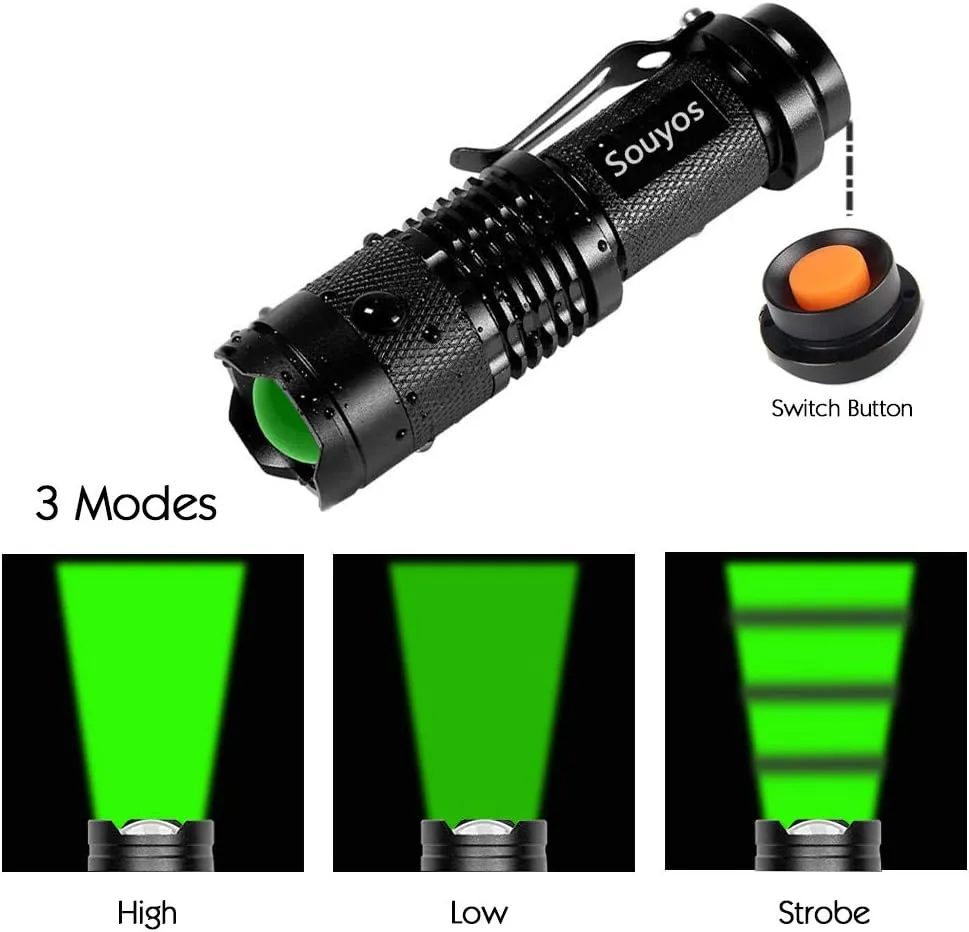 3 Pack Green LED Flashlight,Zoomable Green Light Flashlight with Clip, 3 Light Modes Green Flashlight for Hunting,Night Vision