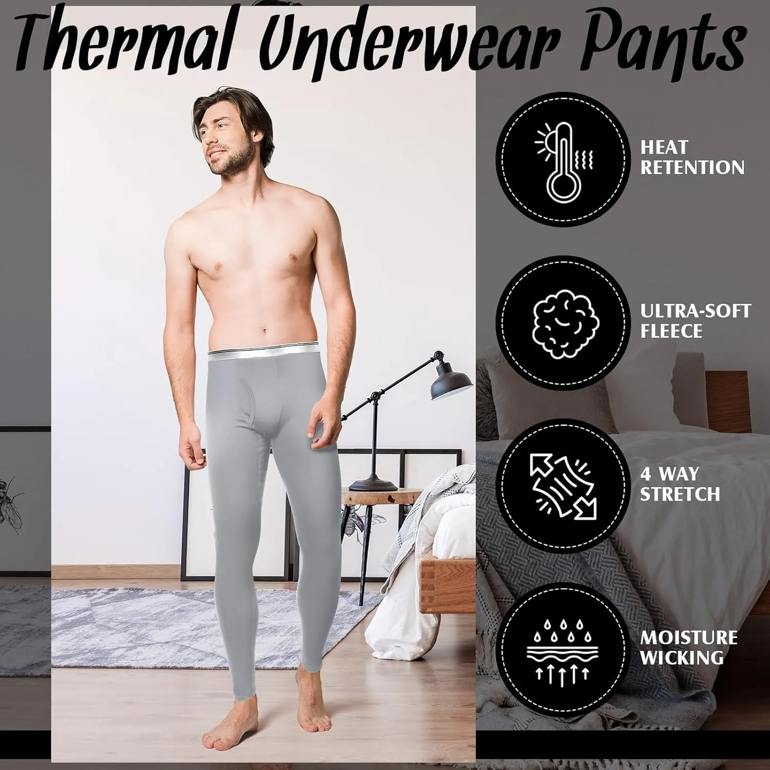 3 Pack Men's Thermal Underwear Pants Fleece Lined Thermal Leggings for Men Base Layer Bottoms