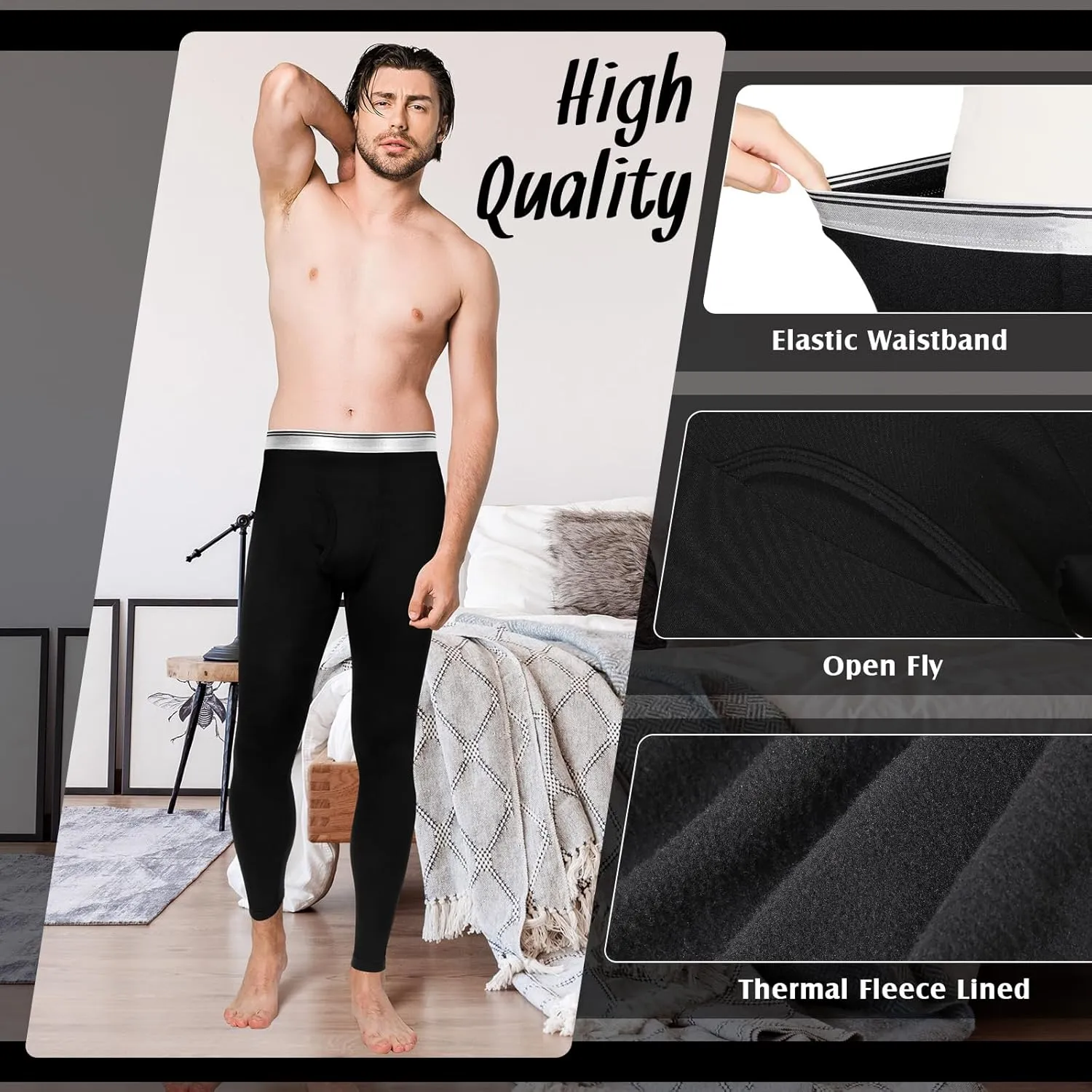 3 Pack Men's Thermal Underwear Pants Fleece Lined Thermal Leggings for Men Base Layer Bottoms