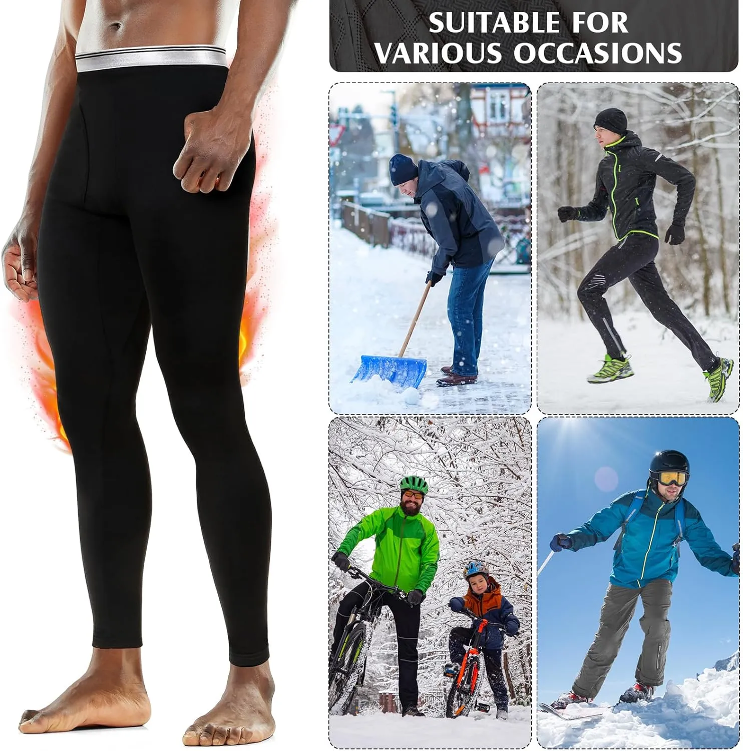 3 Pack Men's Thermal Underwear Pants Fleece Lined Thermal Leggings for Men Base Layer Bottoms