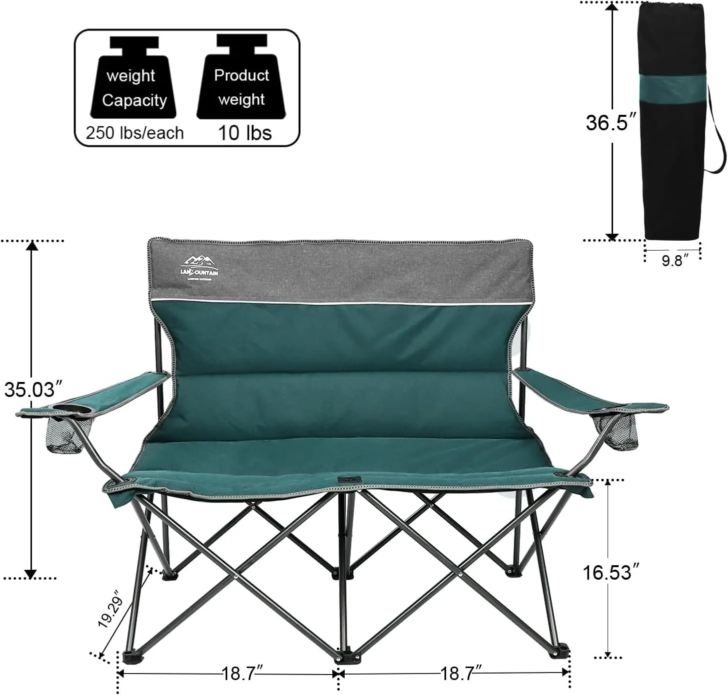 3 Piece Portable Camping Chairs Set,Folding Lawn Chair Set with Cup Holder,Outdoor Heavy Duty Comfy Chairs,Loveseat Chair Perfect for Family Hiking,Picnics and Beach Trips,Bistro Green