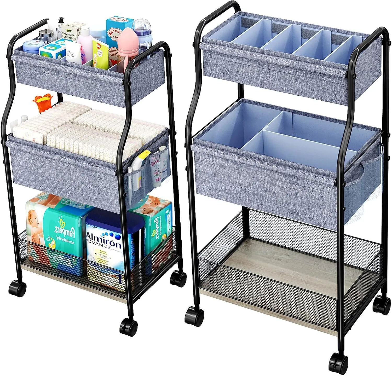 3-Tier Baby Diaper Caddy Organizer and Storage Cart with 4 2 Dividers, Mobile Metal Utility Cart with Rolling Wheels for Nursery Essentials, Large Capacity Rolling Carts for Crib, Bedroom, Bathroom